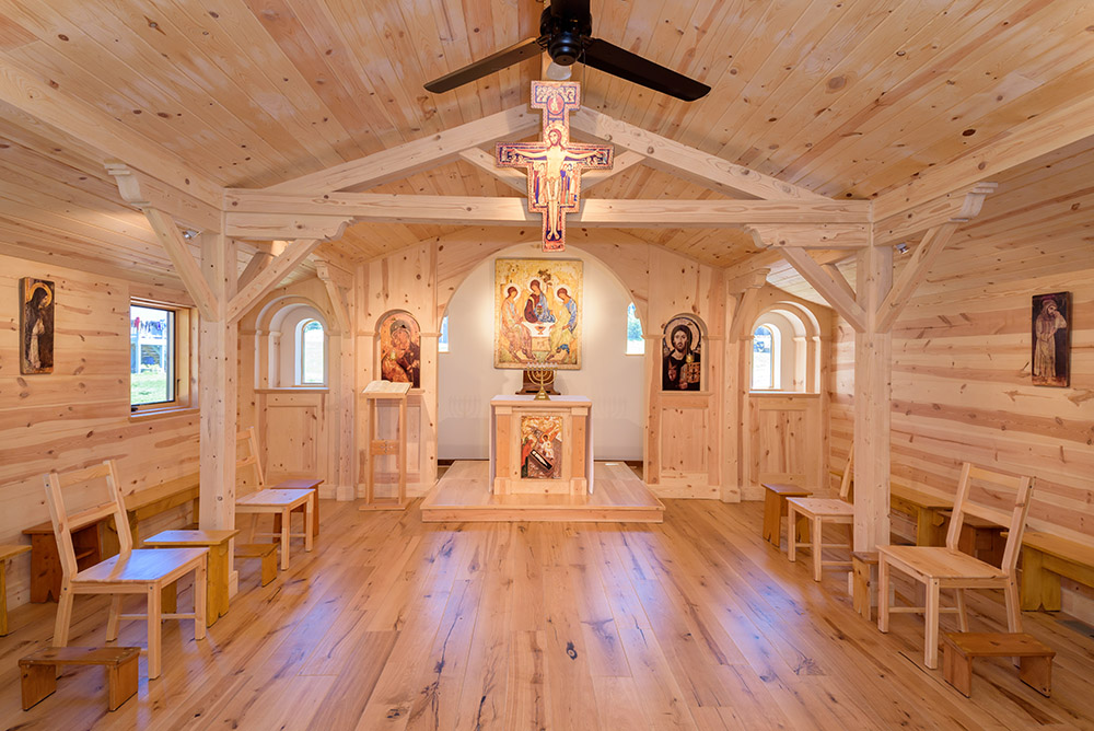 The small chapel creates an intimate space for Mass and prayer.