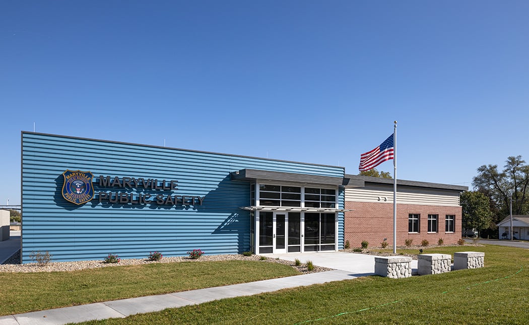 Street-level view of the entrance of the Maryville joint fire and police facility